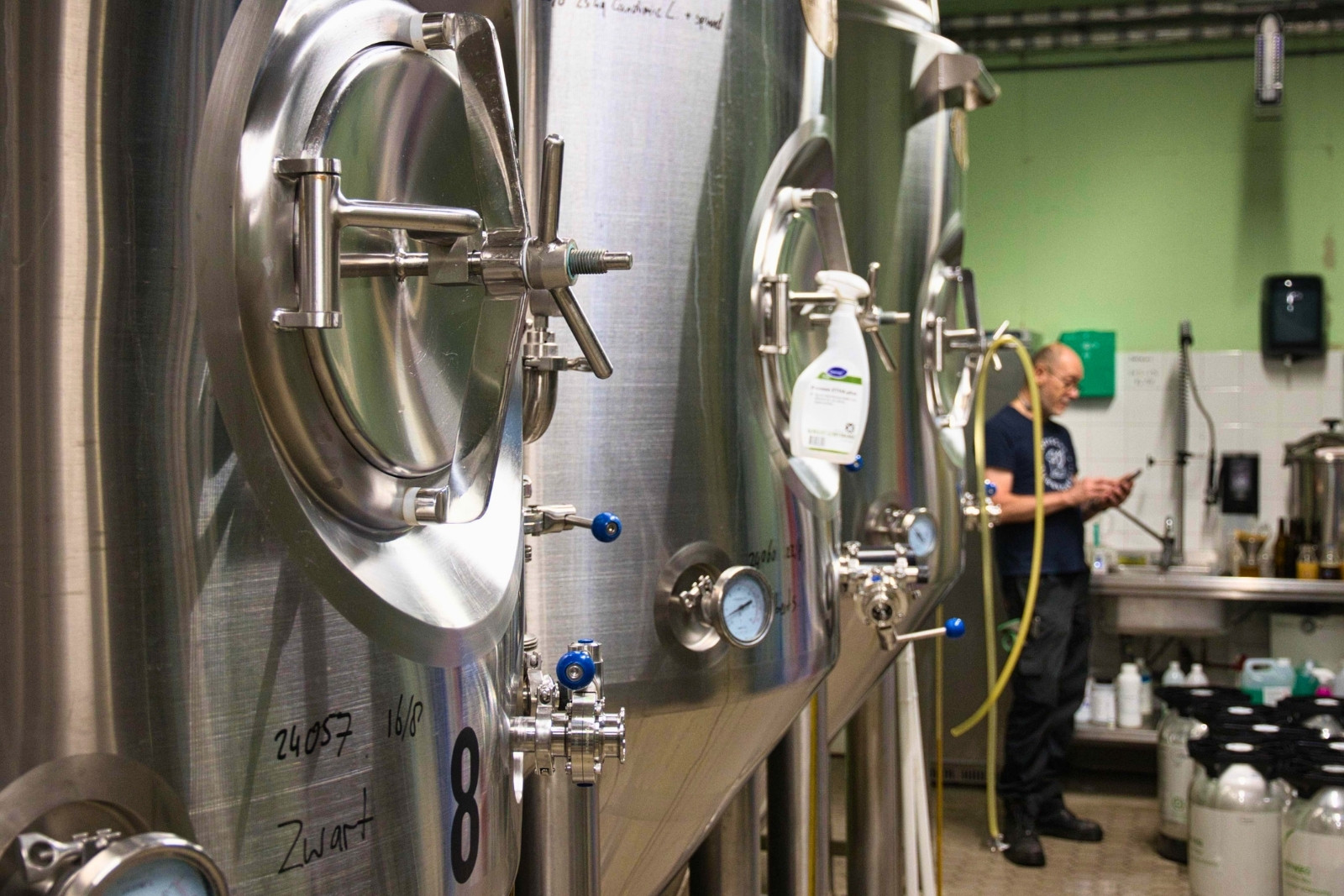 Fermentation tanks in the cellar of Gooische Brewery