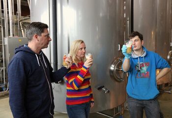 Johan van Dijck and Karen with brewer Dries at Antwerpse Brouw Compagnie