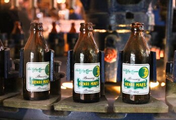 Old bottles on display in the restaurant of De Halve Maan brewery