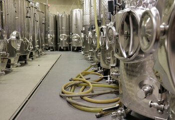 Stainless steel tanks in the wine cellar of Wijngaard Hof van Twente